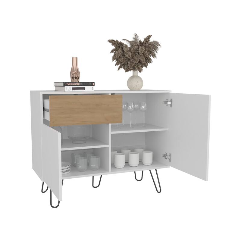 39"Wide Console Table With Two Cabinets,One Drawer And Four Shelves,White - Natural Oak