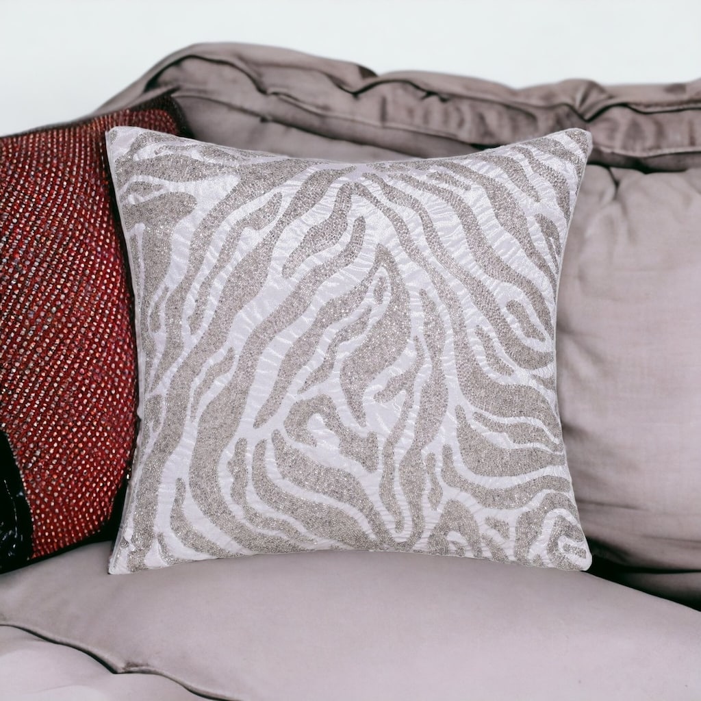 HomeRoots 20" X 20" Ivory Safari Animals Abstract Polyester Zippered Pillow With Beads