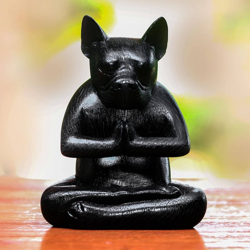 Novica Handmade Yoga Boston Terrier In Black Wood Statuette