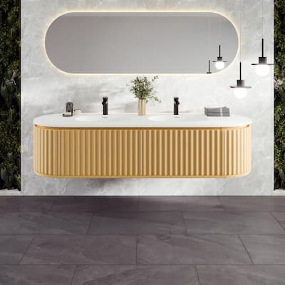 Haven 71"W Oak DS Wallmount Bath Vanity with Integrated Sinks