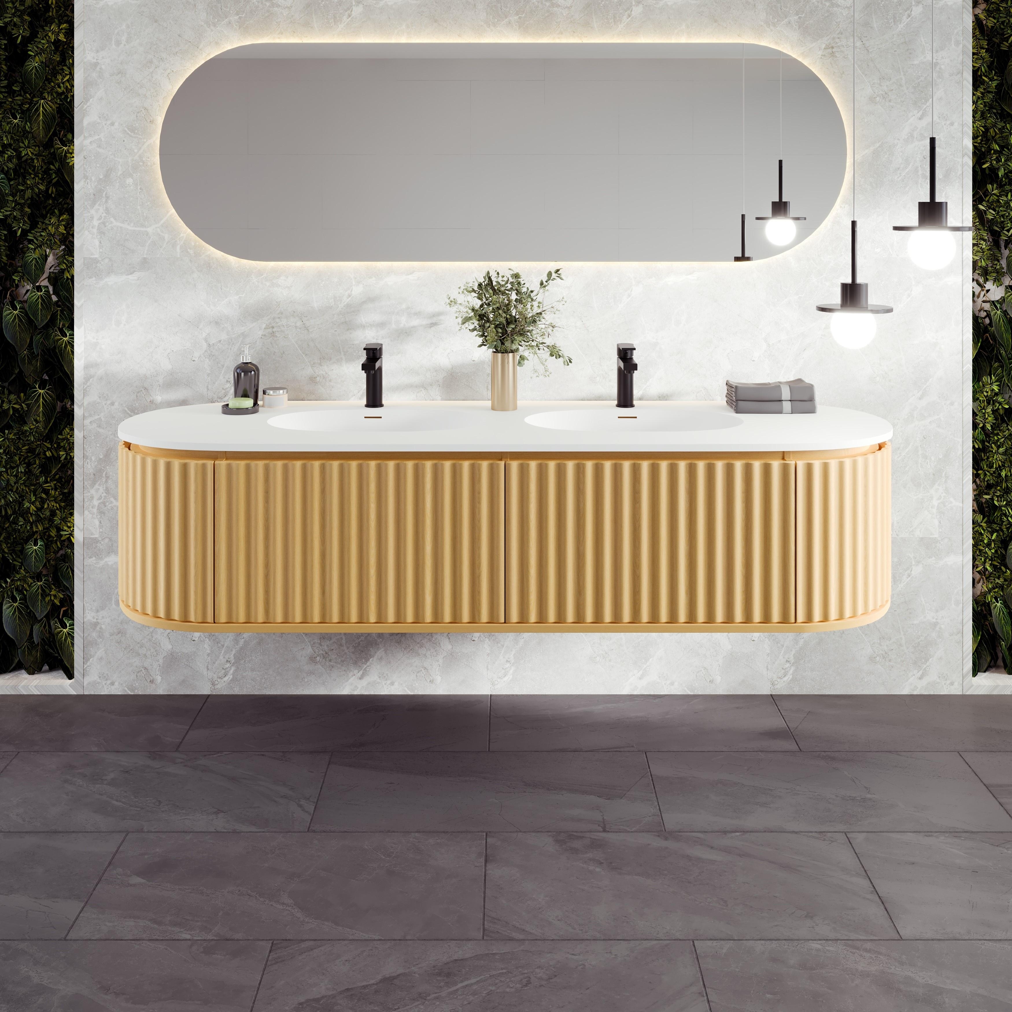Haven 71"W Oak DS Wallmount Bath Vanity with Integrated Sinks