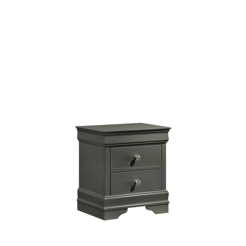Modern Gray Nightstand with Two Drawers, Durable Wood, Textured Finish, Crystal Knobs
