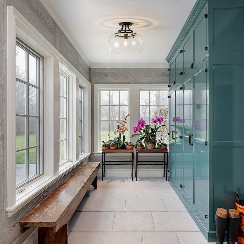 1-Light 13.8" W Modern Schoolhouse Matte Black Semi-Flush Mount Ceiling Light with Clear Dome Glass Shade for Bedroom