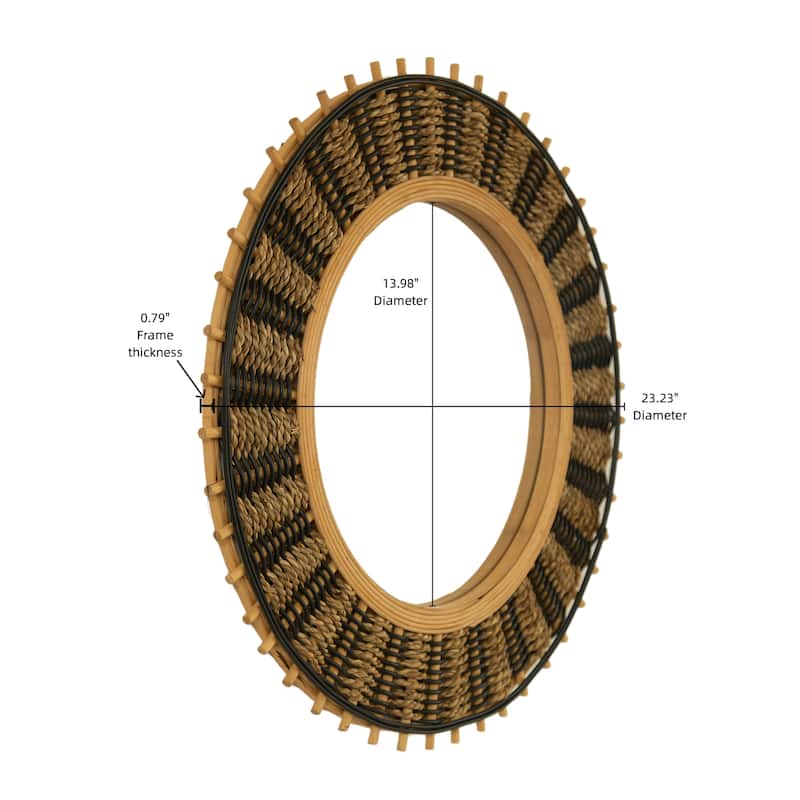 23" Echo Mirror, Bamboo Round Art Wall Mirror with Light Yellow and Black Hemp Ropes, Suitable for Bathroom, Bedroom
