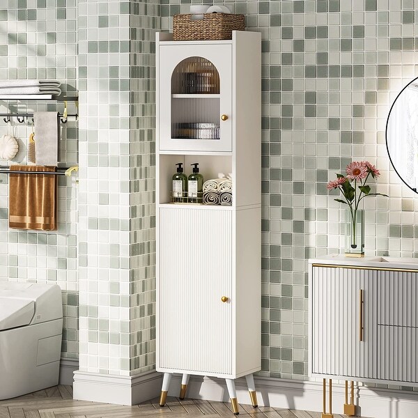 White Bathroom Cabinet with 2 Doors 66.9 Tall Slim Linen Storage Cabinet with Doors and Shelves