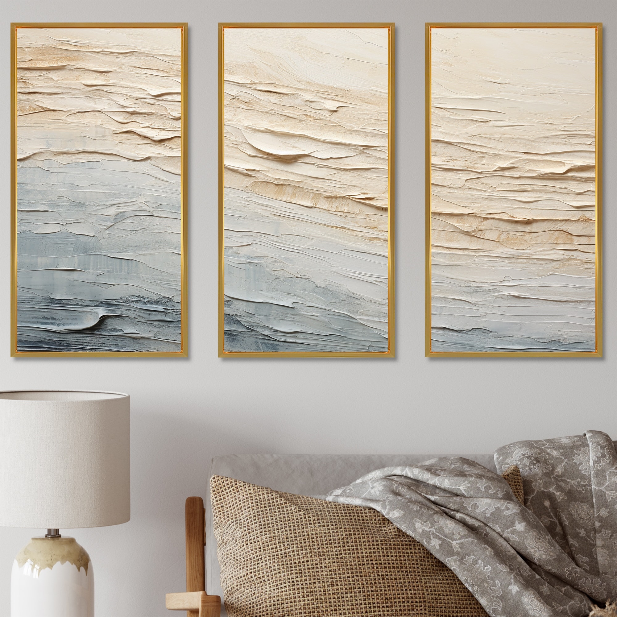 Designart "Modern Coastal Beige And Grey RIVer I" Coastal Ocean Framed Art Set of 3 - Nautical & Coastal Wall Art Set