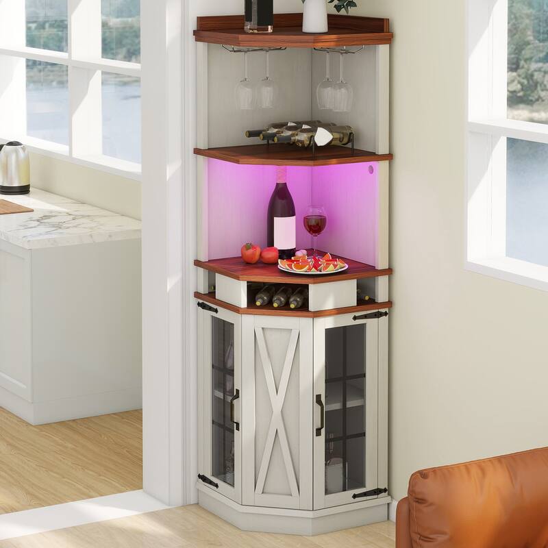 Moasis 72" Tall Farmhouse Liquor Corner Bar Cabinet Wine Rack With Glass Door