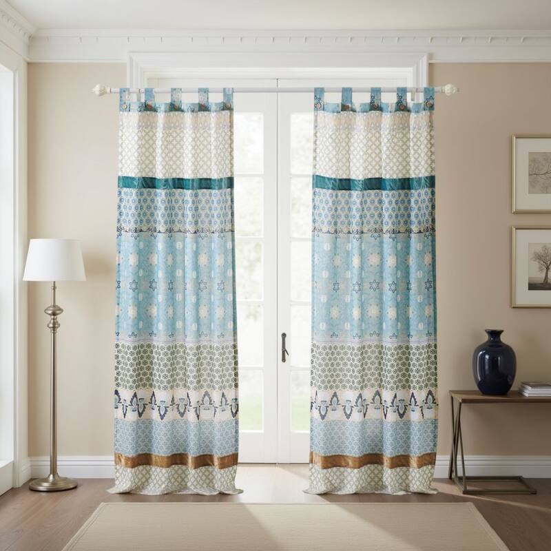 Ello 2 Panel Curtain Panel Set, Cotton White and Blue Geometric Print