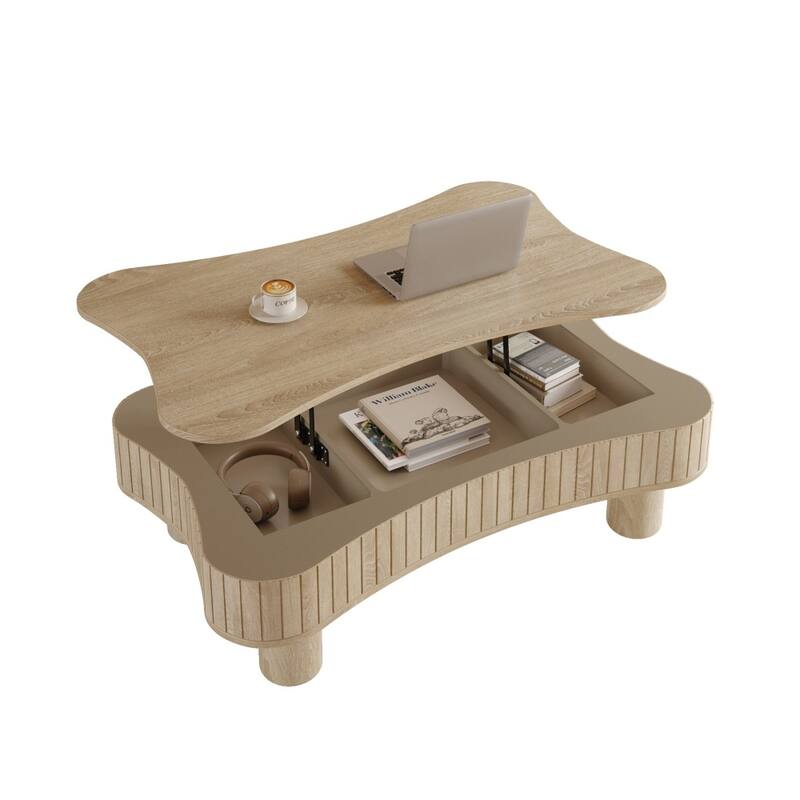 Lift Top Coffee Table with Fluted Panel Hidden Storage, Silent Hydraulic Lift and Curved Safety Corners