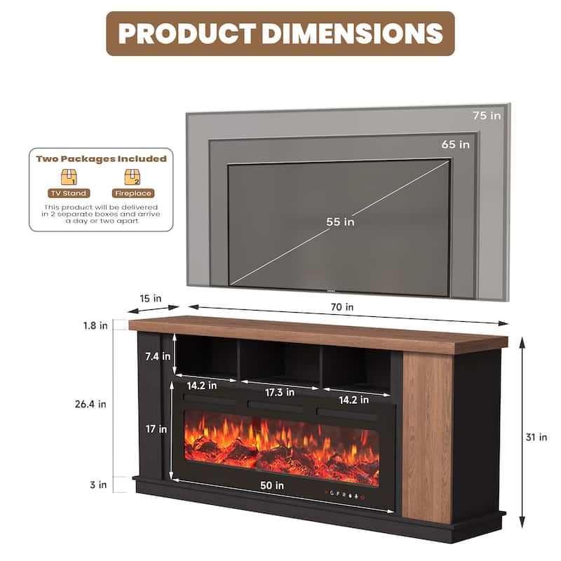 Erommy 70" TV Stand with Electric Fireplace Heater, Media Entertainment Center Console for TVs up to 80" with Storage Cabinet