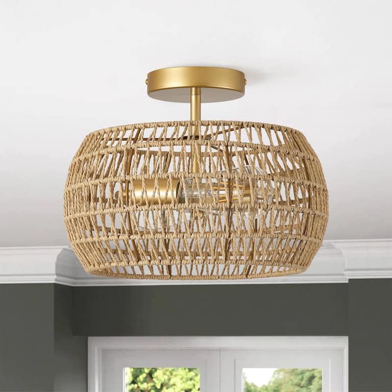 Farmhouse Painted Gold 2-Light Hand-woven Boho Semi Flush Mount Ceiling Light - Gold