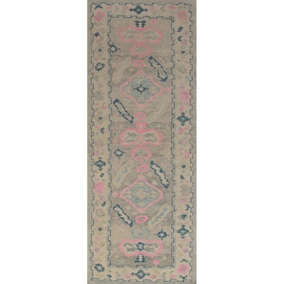 Hand Knotted Oriental 100% Wool Carpet Transitional Geometric Greys & Charcoal Oushak Runner Rug - 10' 0'' X 3' 3''