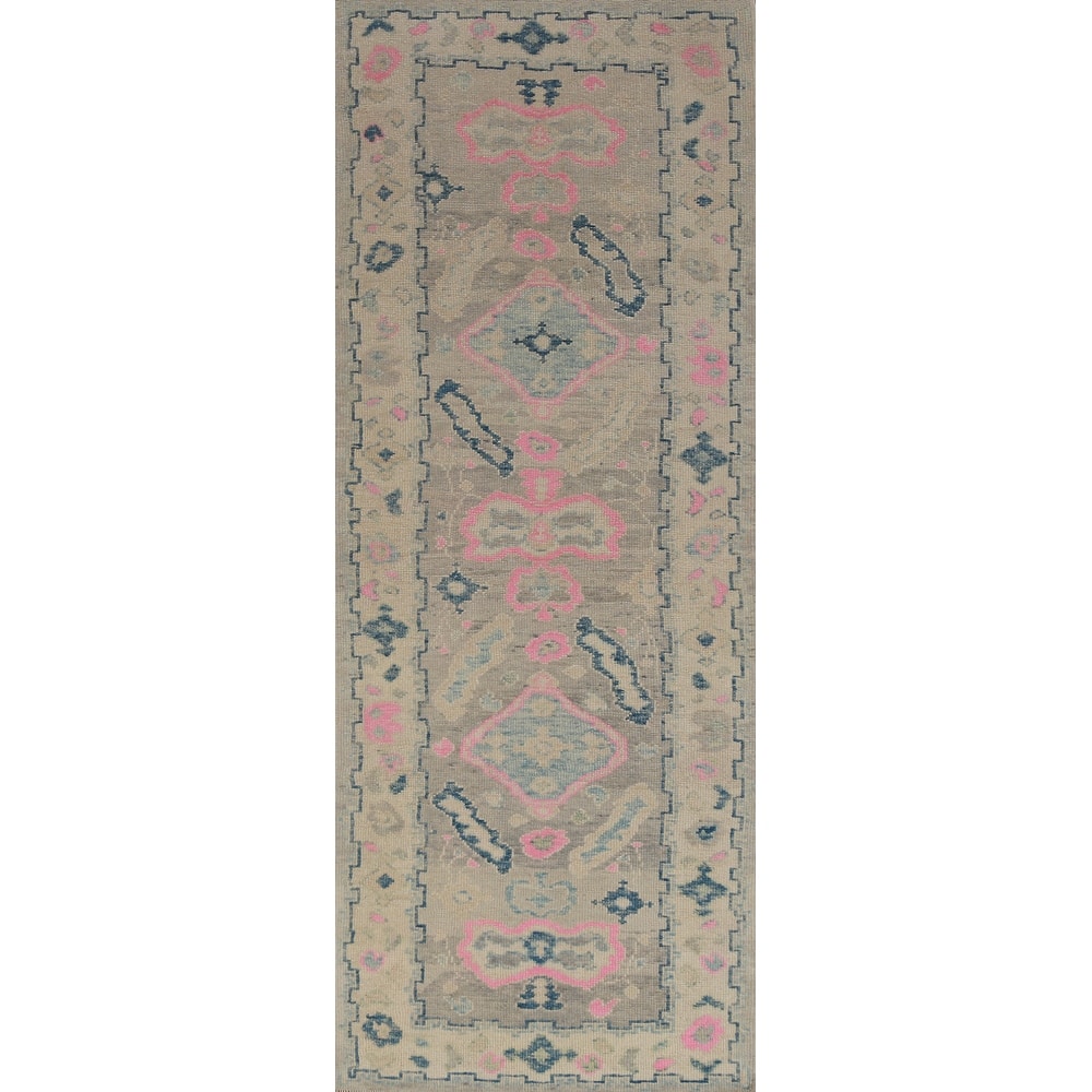 Hand Knotted Oriental 100% Wool Carpet Transitional Geometric Greys & Charcoal Oushak Runner Rug - 10' 0'' X 3' 3''