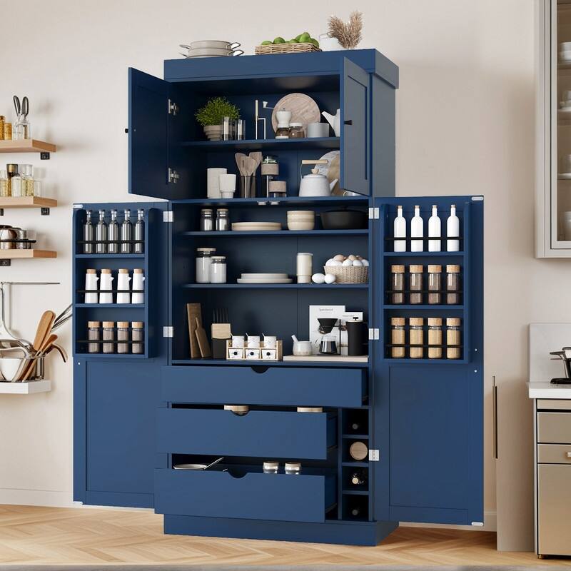 Freestanding 77"Tall Kitchen Pantry with Adjustable Shelves,Door Shelves, Drawers and Wine Racks