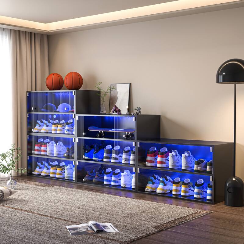 LED Glass Door Sneaker Storage Cabinet with Adjustable Lighting and Up to 6 Pairs Capacity, for Hallway, Entryway Organizer
