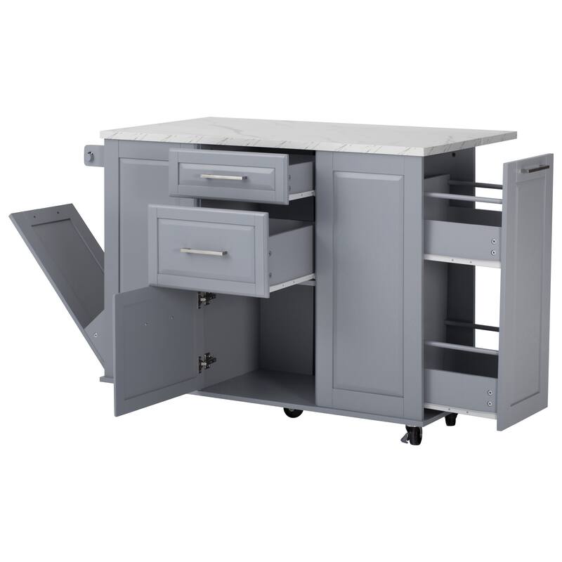 50.7" Kitchen Island with Drop Leaf, Pull Out Cabinet Organizer, Rolling Wheels, Trash Bin and 2 Drawers