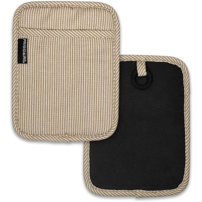 2 Pack - Beige Heat Resistant Thick Soft Quilted Lining Kitchen Oven Pot Holders With Neoprene and Cotton Non-slip - 9" x 7"