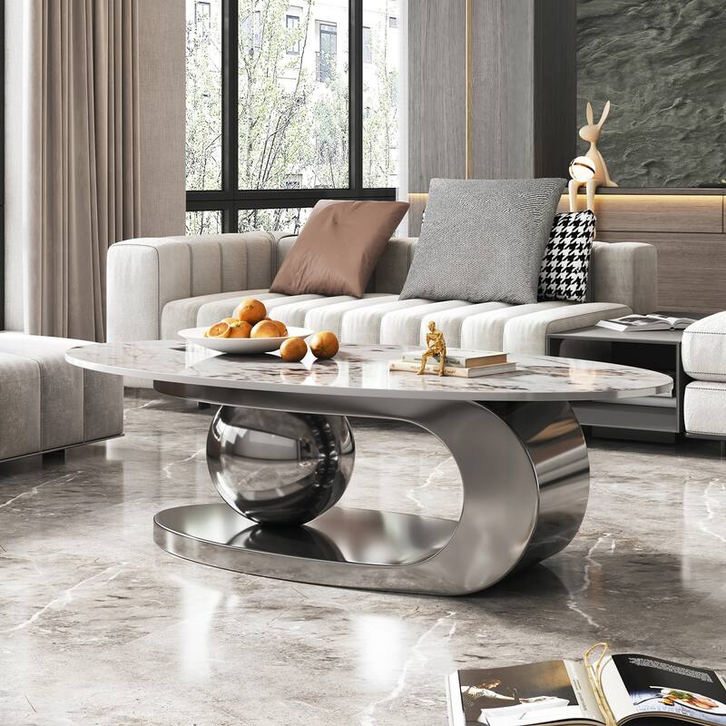 Exquisite Oval Faux Marble Coffee Table with Sturdy Stainless Steel Base for Living Room