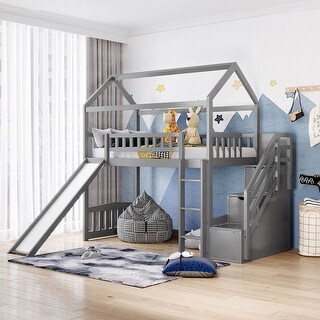 Twin Loft Bed with Two Drawers and Slide, House Bed with Slide - Bed ...