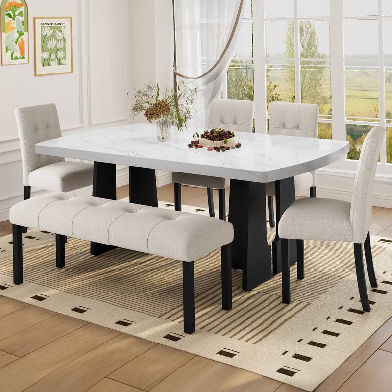 6 Piece Dining Table Set, Faux Marble Dining Table with 4 Upholstered Chairs & 1 Bench, Kitchen Dining Table & Chair Set - Beige,White