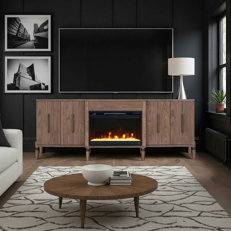 Bridgevine Home Tranquility 78 inch Fireplace TV Stand for TVs up to 90 inches, Minimal Assembly, Walnut Finish