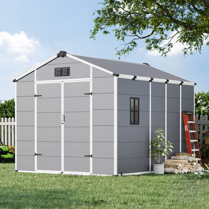 EROMMY Outdoor Storage Shed with Built-In Floor, Lockable Double Doors & Sloped Roof, Gray/Black