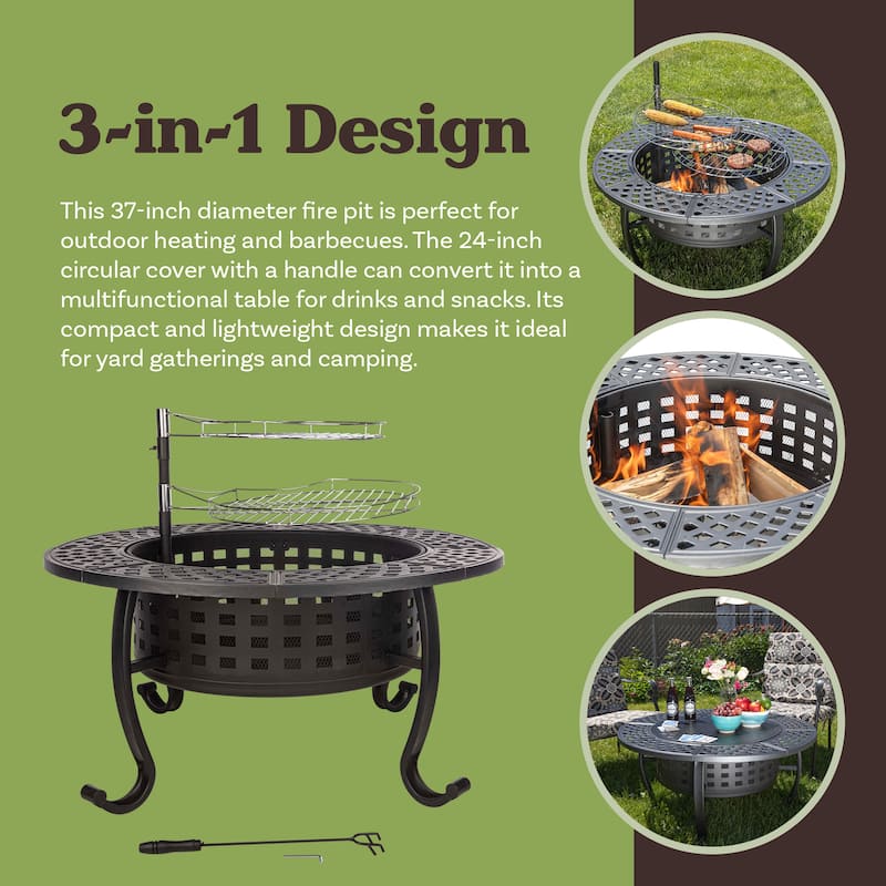 Fire Pit with Grill - 37” Round Fire Table Outdoor Firepit with 2 Grills, Lid, Poker and Cover by Pure Garden