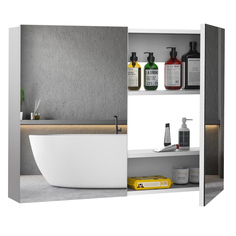 HOMCOM Double Door Wall Mounted Bathroom Mirror Medicine Cabinet with Modern Design, Large Storage, & Quiet Hinges - 23.5*31.5*6