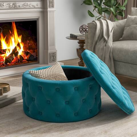 Round Footrest Classic Button Tufted Velvet With Storage for Living Room - 29.5"
