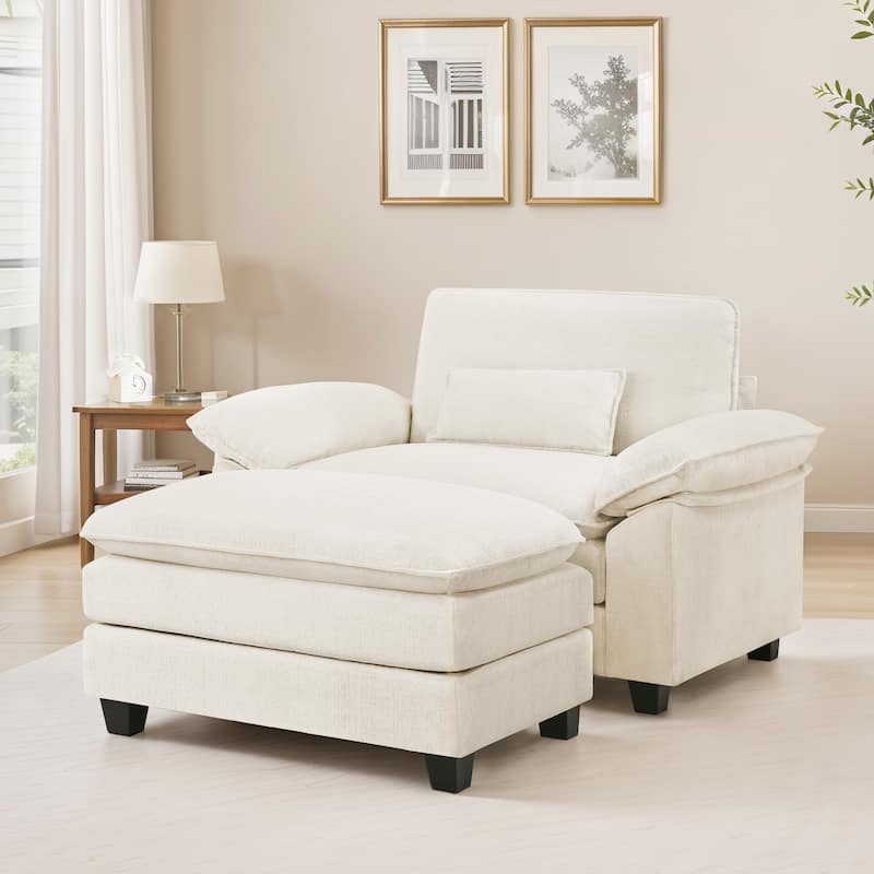 52" W Chaise Lounge Chair Indoor, Oversized Accent Chair With Ottoman For Living Room, Chenille Single Sofa Bed, Reading Chairs - Off-White