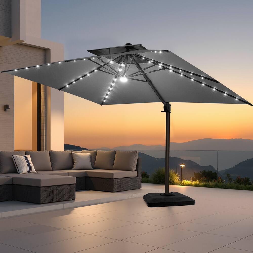 Pellebant 10 x 13FT Outdoor Rectangular Cantilever Patio Umbrella Solar LED Lighted with Premium Base