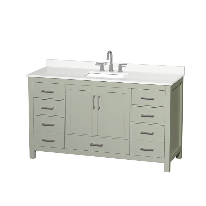 Sheffield 60-inch Single Vanity, 3 Hole Quartz Top - Light Green, Nickel Trim, White Quartz Top