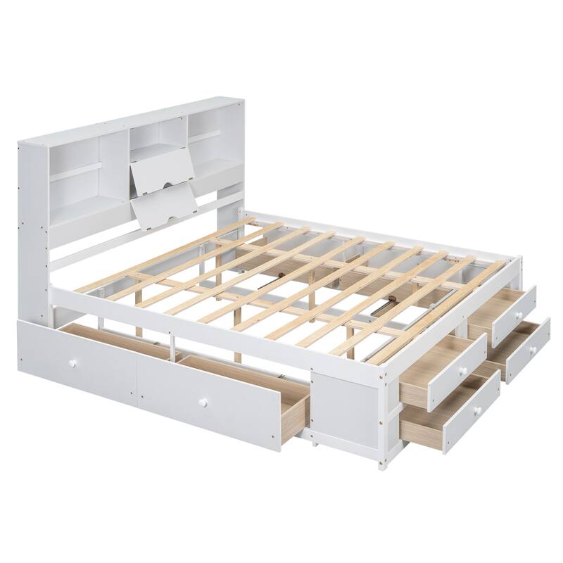 Roomfitters Queen/King Platform Bed with Storage Headboard and 8 Drawers, Solid Wood