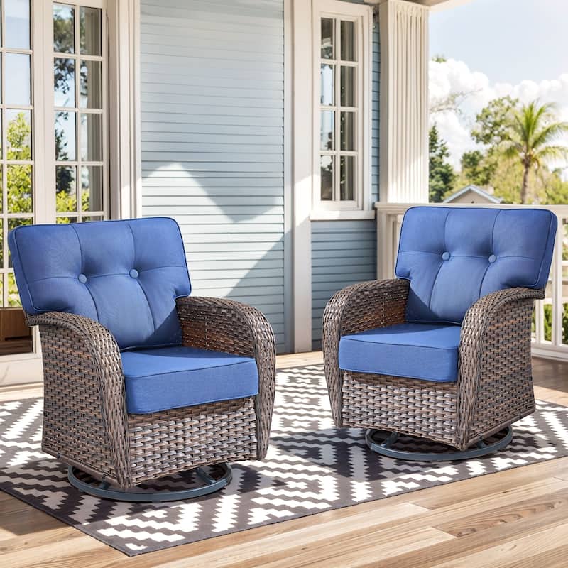Pocassy Swivel Chair Glider PE Wicker Chair - Brown Wicker & Grey Cushion