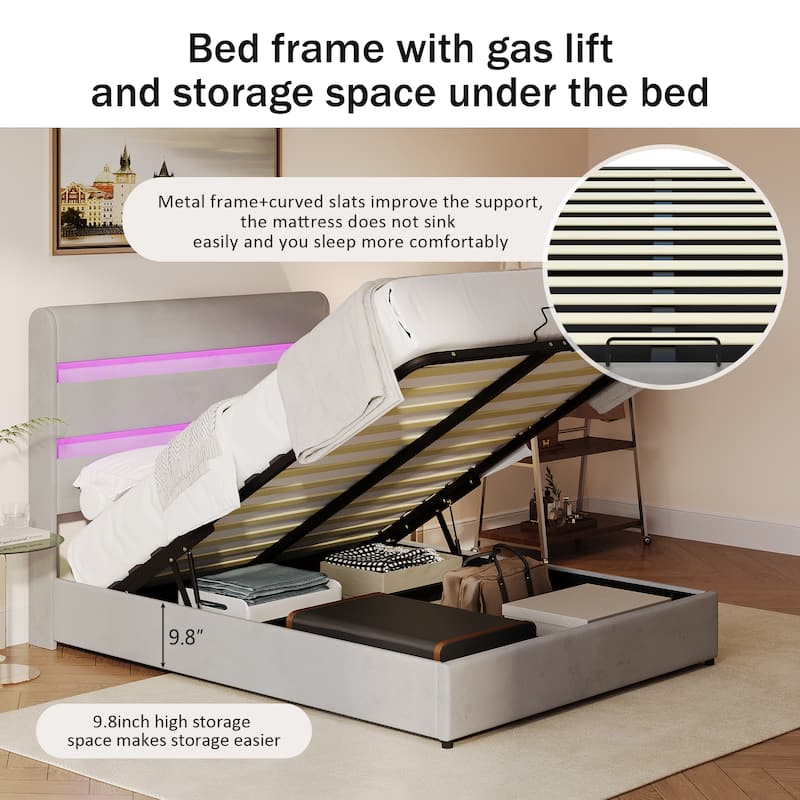 LED Storage Bed with Velvet Upholstery Headboard & Footboard, Grey Full