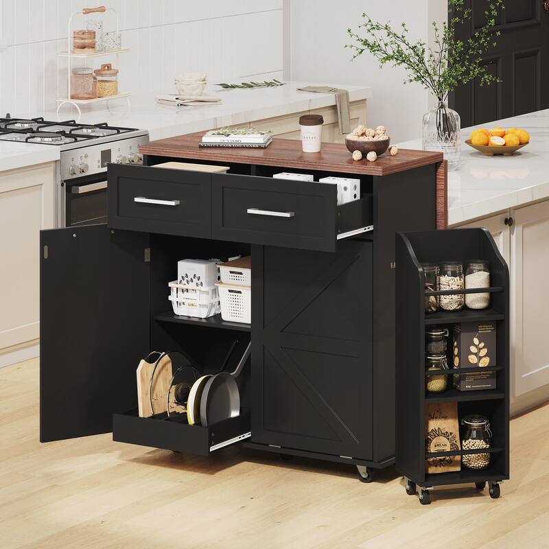 Kitchen Island with Drop Leaf, Kitchen Storage Island with Removable Side Racks, Two Drawers