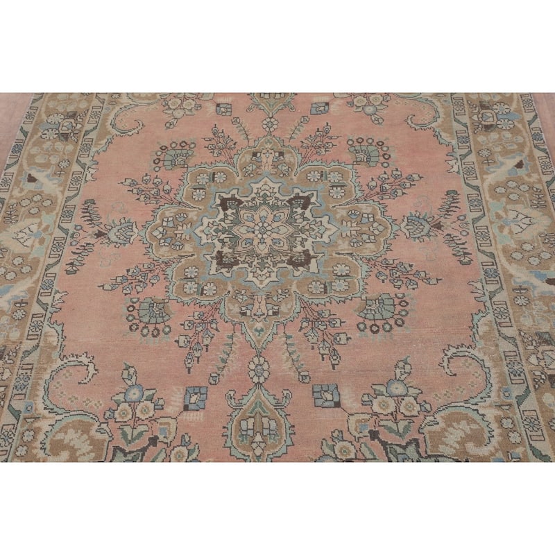 Distressed Pink Tabriz Persian Vintage Area Rug Handmade Wool Carpet - 6'6"x 9'8"