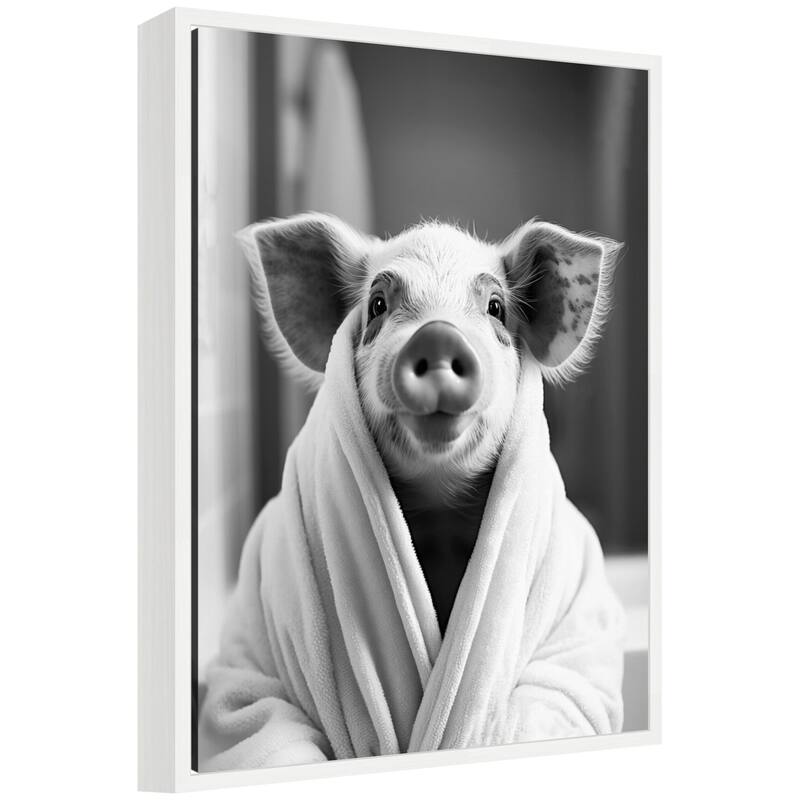 Kate and Laurel Sylvie Pig Bathroom Art Towel Robe Black and White Framed Canvas by The Creative Bunch Studio - 18x24 - White