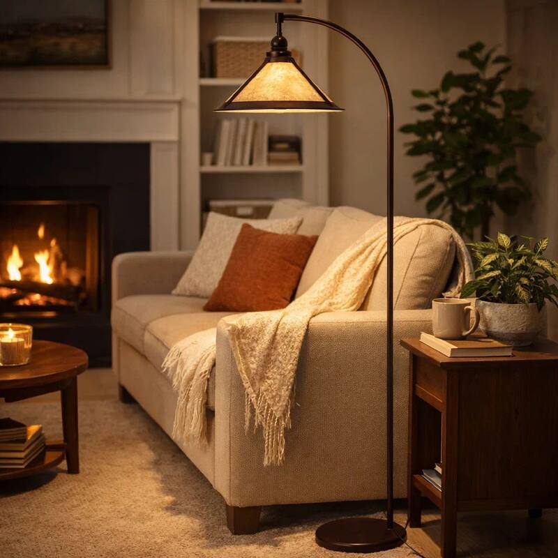 Cyan 65 Inch Adjustable Metal Arc Floor Lamp, White Mica Shade, Dark Bronze