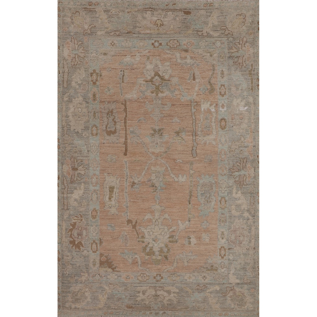 Vegetable Dye Pink Oushak Oriental Area Rug Hand-Knotted Wool Carpet - 3'11"x 5'10"