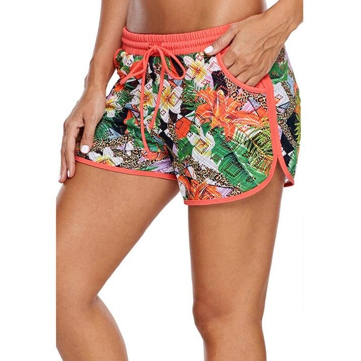 Abstract Floral Flowers Jungle Camouflage Solid Color Slim Fit Side Split Swim Shorts