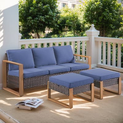 Gymojoy PE Wicker Patio Sofa Sectional Sofa with Ottoman - Brown