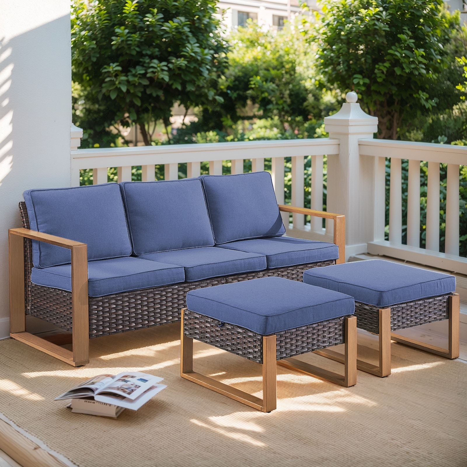 Gymojoy PE Wicker Patio Sofa Sectional Sofa with Ottoman