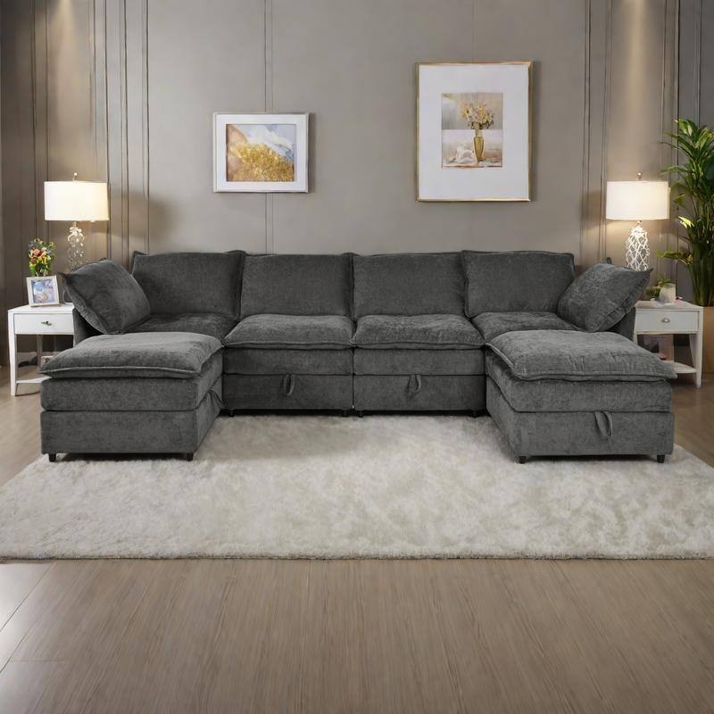126" 6-Piece Modular Sofa Bed with Storage and Double-Layer Cushions - Grey