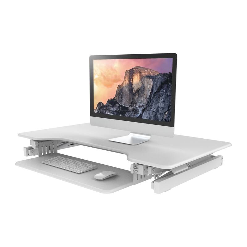 Rocelco 40 in. W White Height Adjustable Standing Desk Converter with Anti Fatigue Mat Computer Workstation Riser Keyboard Tray