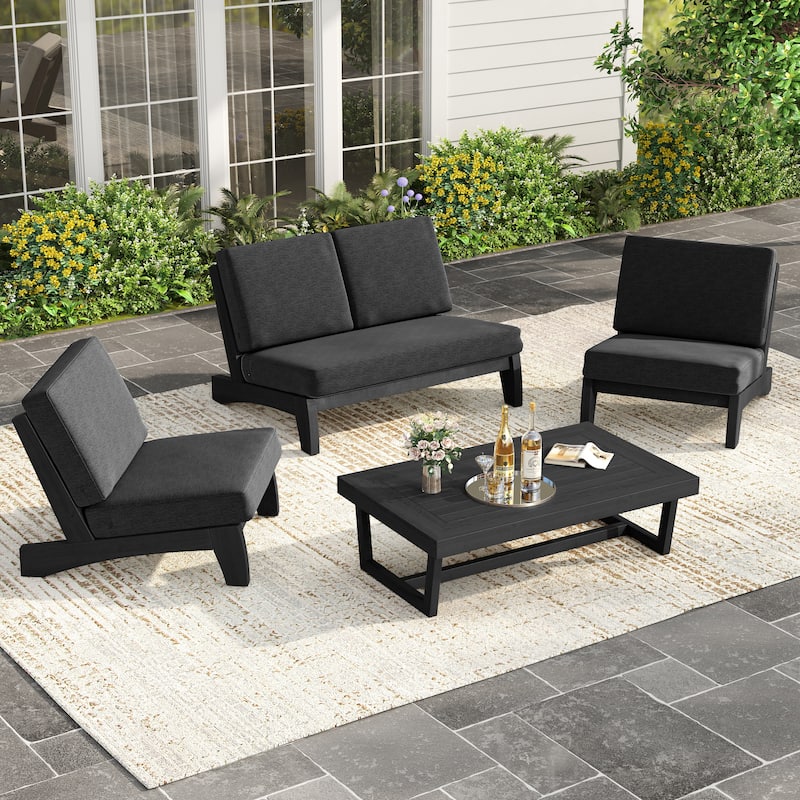 4Piece Wood Outdoor Loveseat Chair Conversation Set with Table Cushion - Dark Wood - Dark Grey
