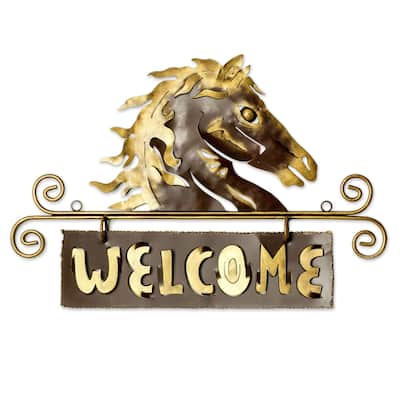 Golden Horse Welcome Sign Outdoor Living Horse Garden or Patio Rustic Decor Metal Art