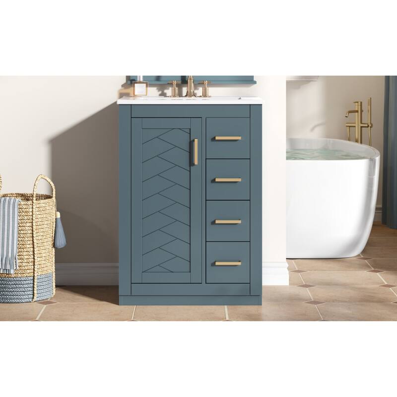 Roomfitters 24 Inch Bathroom Vanity with Integrated Ceramic Sink, Storage Cabinet with 3 Sliding Tiers & Soft Close Door
