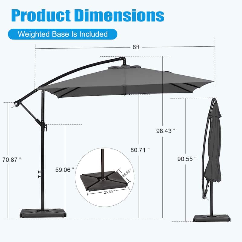 8ft×8ft Square Steel Crank-lift Cantilever Umbrella With Weighted Base