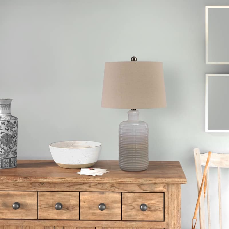 Ceramic Body Table Lamp with Brushed Details, Set of 2, Beige and White